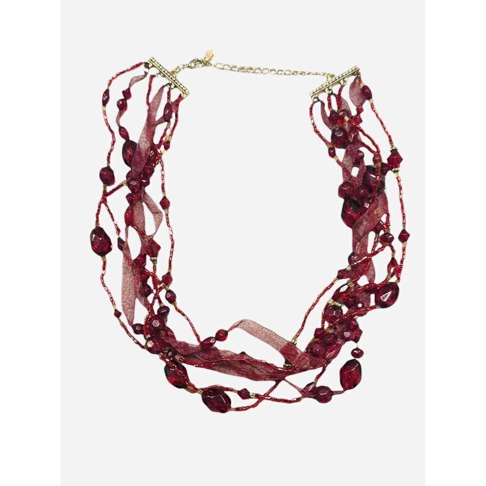 Monet Vintage Red Beaded Multi Strand Ribbon Necklace Adjustable Chain